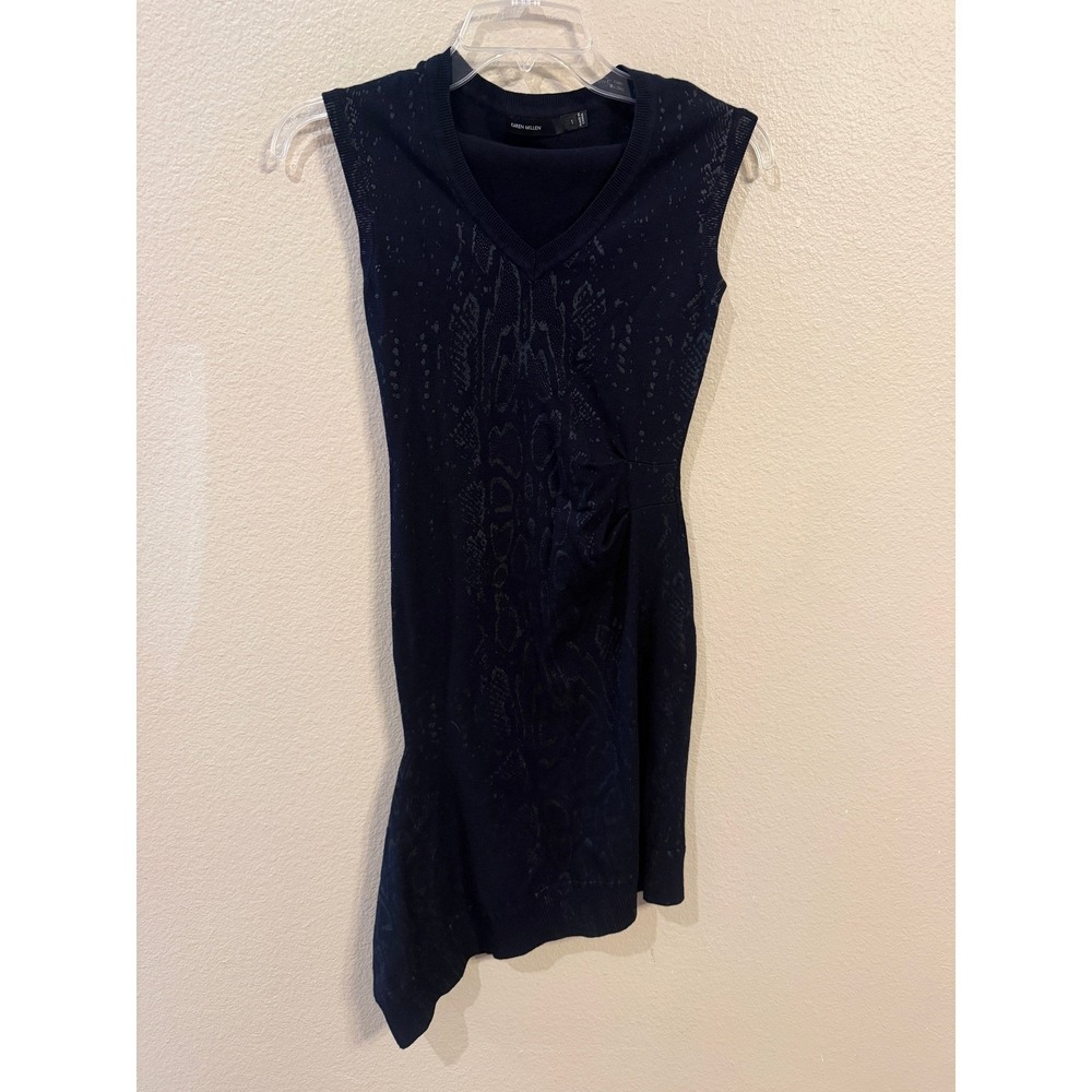 Karen Millen Knit Dress Women 1 Navy Excellent Snakeskin Asymmetrical V-Neck